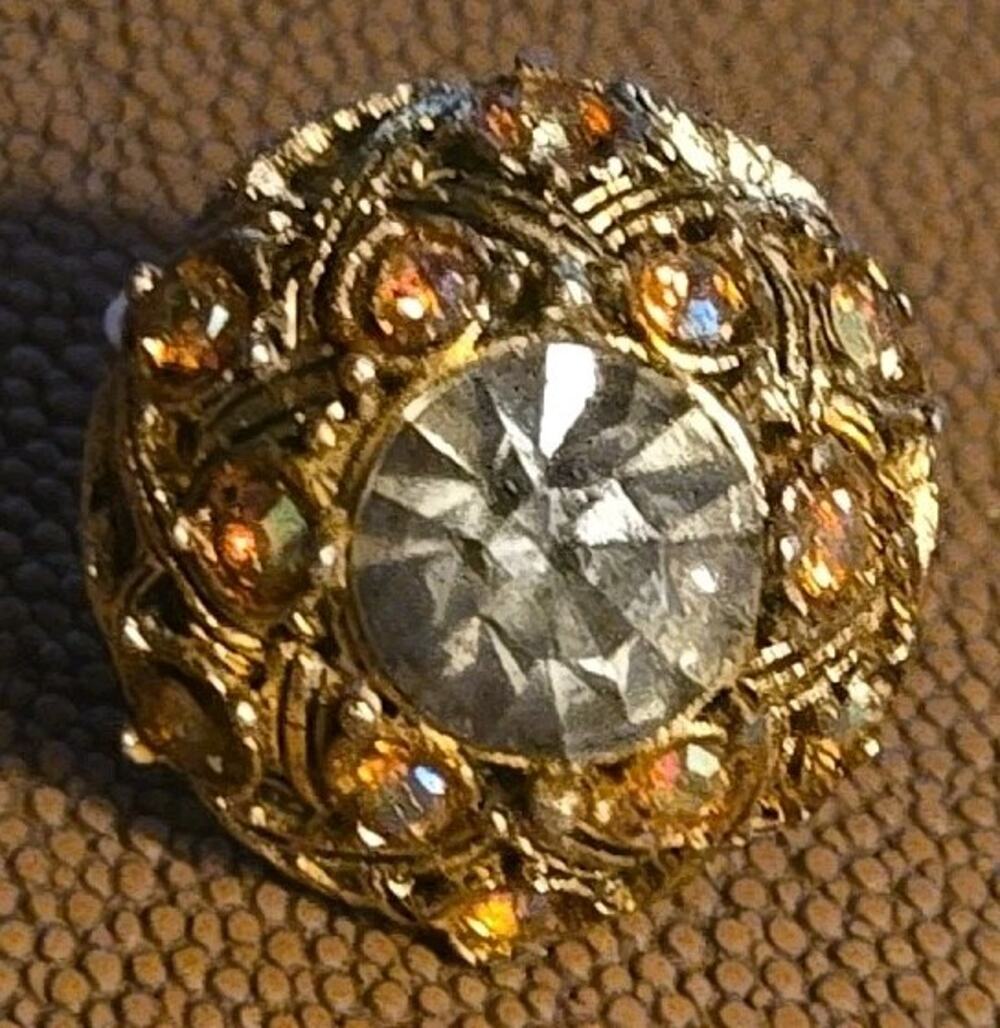 Vintage Smoky Gray Glass Rhinestone AB Cocktail Ring Gold Tone Florenza Style